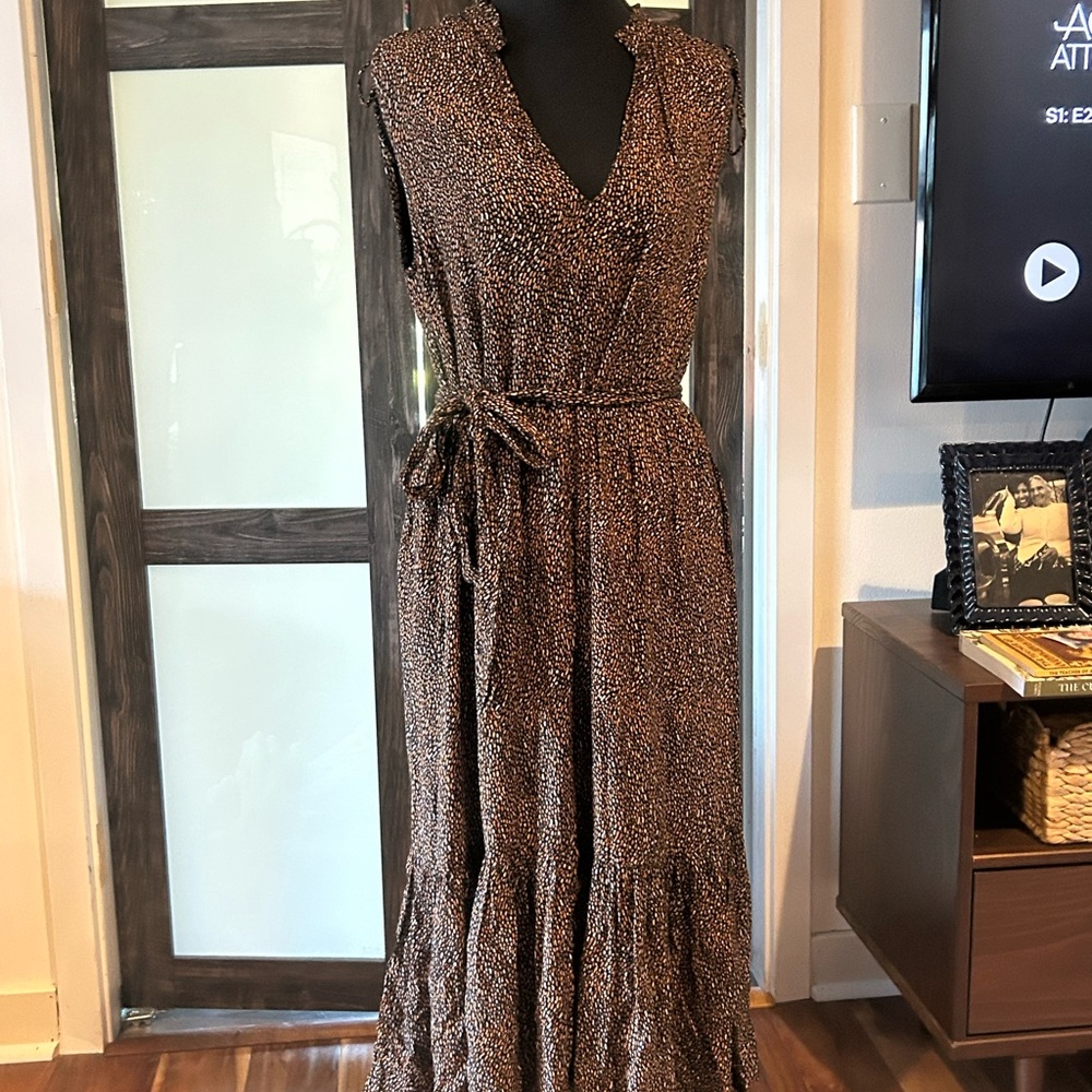 Aura Brown Printed Sleeveless Maxi Dress with Tie Waist